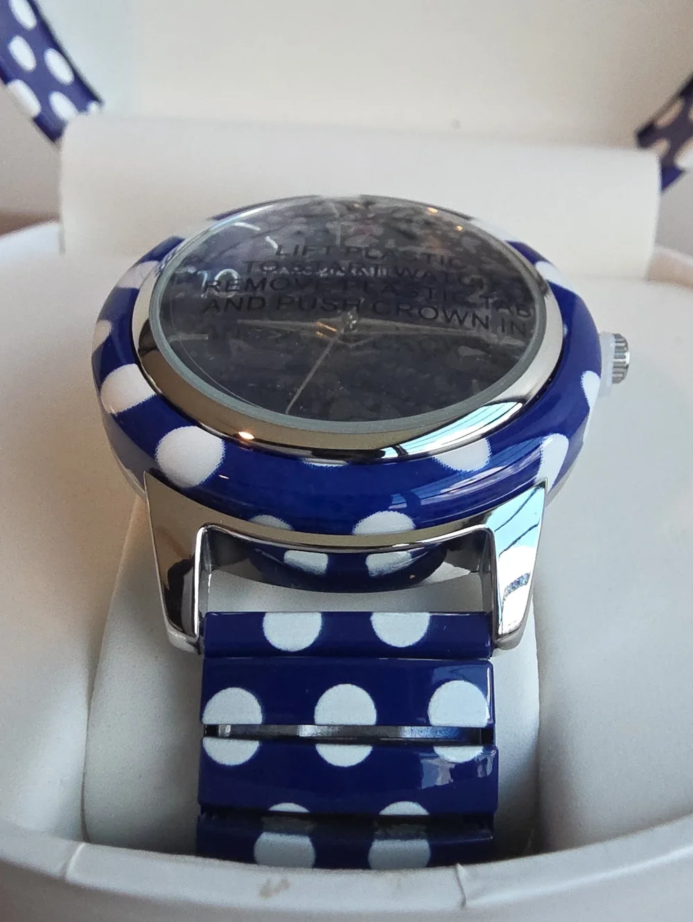 ISAAC MIZRAHI NEW Navy Polka Dot Stretch Band Women's Watch
